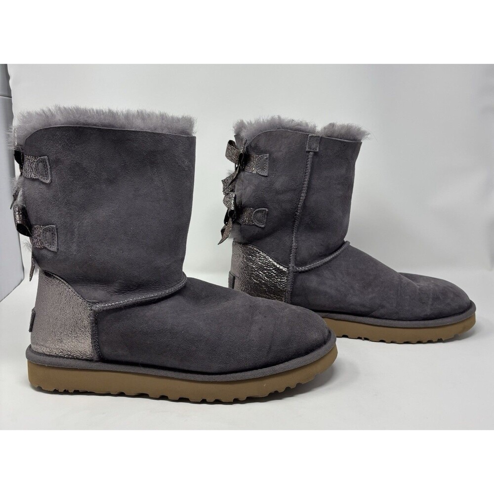 UGG Bailey Bow Glitz Real Shearling Mid-Calf Boots Gray Twinface Sheepskin Sz 10